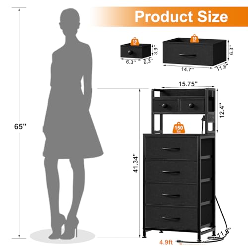 REAHOME 41 Inch Tall Nightstand with Charging Station, LED Night Stand with 6 Fabric Drawers, Bed Side Table with 3-Tier Wood Storage Shelves for Bedroom, Office, Small Spaces, Dark Gray