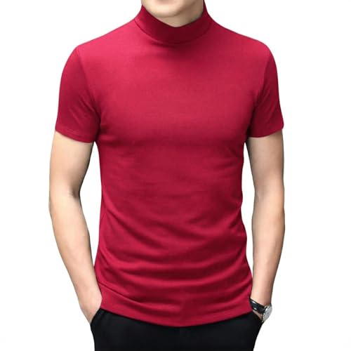 Mens T Shirt Short Sleeve Basic Mock Turtleneck Slim Fit Undershirt Pullover Thermal Solid Tops Wine Red