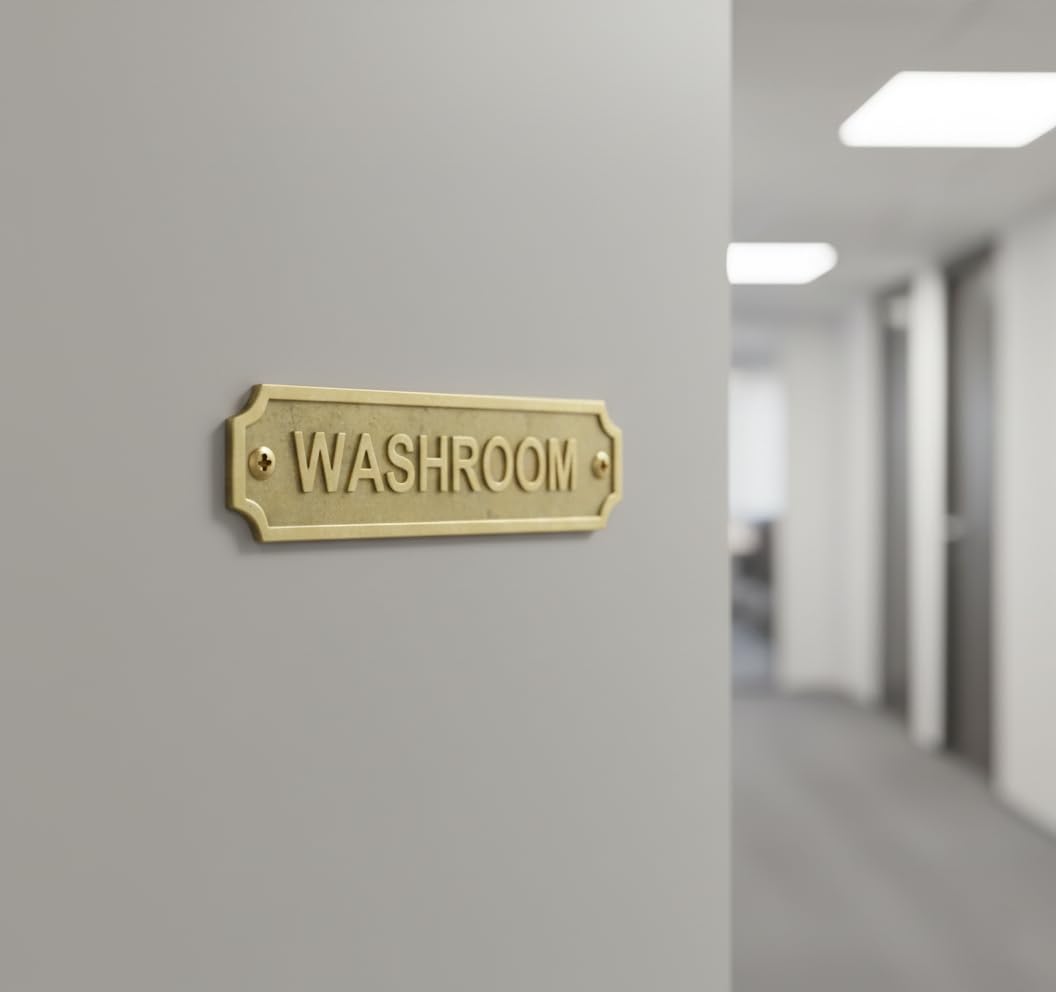 Brass WASHROOM Door Sign Plaque 22 x 5 cm Wall Mount Restroom Name Plate with Screws for Home Office Bathroom Door Signage Indoor Outdoor Use