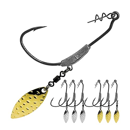 CWSDXM Weighted Swimbait Hooks, 6pcs Underspin Swimbait Hook with Twistlock, Weighted Crank Hooks with Gold/Silver Spinner Blades for Soft Fishing Lures