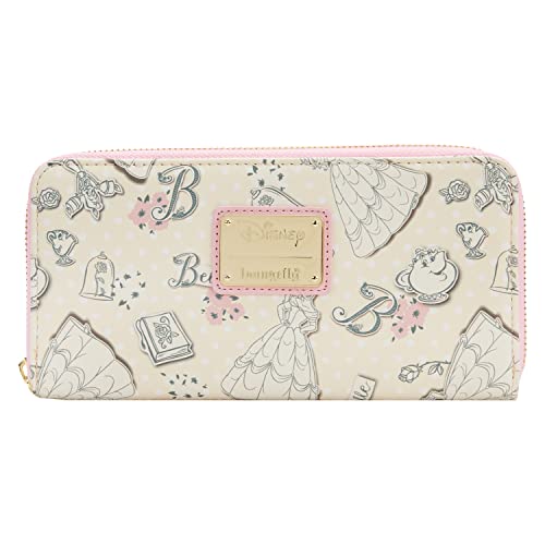 Loungefly Disney Beauty and the Beast Belle Pink Allover Print Zip Around Wallet (Multicolored)