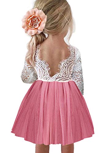 Girl Toddler Full-Length Straight Tulle Tutu Lace Back Party Flower Girl Dress (5-6 Year, Dusty Rose Short)