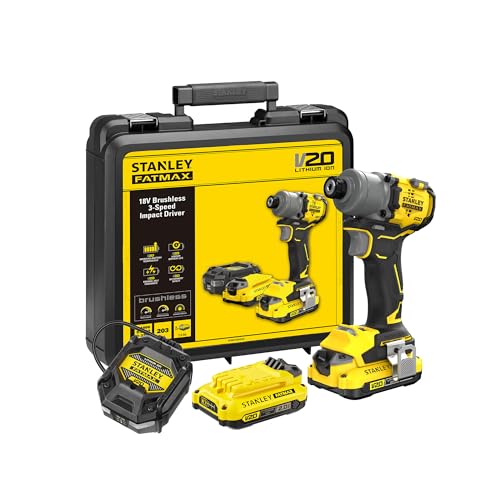 STANLEY FATMAX V20 | 18V Brushless 3-Speed Impact Driver Kit 2x2.0Ah – Up to 3 Modes 3200 RPM and 203Nm of torque, LED Work light, 2x 18V 2.0Ah Lithium Ion batteries, 1.25A charger and kitbox