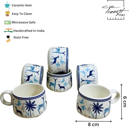 Image of Ceramic Kulhad Set of 6 | Hand-Painted Blue Deer Design Tea Cups | Traditional Clay Style Kulhad for Chai, Coffee | Safe & Durable Stoneware, Ceramic Indian chai Cups | Multicolor