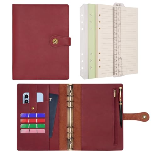 WONDERPOOL A5 A6 Binder Travel Diary Journal Notebook, College Ruled Paper Refillable, Leather Budget Binder Rings Organizer with Pen for Office School Business Planning Writing (Wine red, A5)