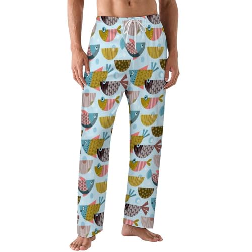 Colorful Fishes Pattern Comfy Pajama Pants Adjustable Sleepwear Beach Pants for Men
