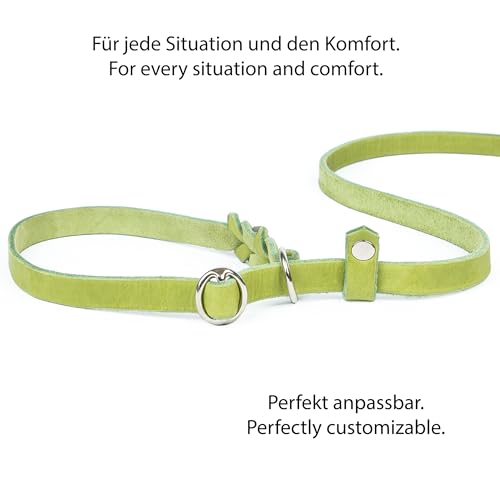 CopcoPet Retrieverleine mit Zugstopp für kleine Hunde – 1,20m x 10mm Moxonleine in Apfelgrün – Fettlederleine & Agilityleine aus Leder – stufenlos verstellbar, Handarbeit, verchromt, wetterfest