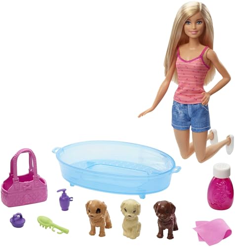Barbie® Doll, Blonde, and Playset with 3 Puppies, Bathtub and Accessories, Gift for 3 to 7 Year Olds, GDJ37