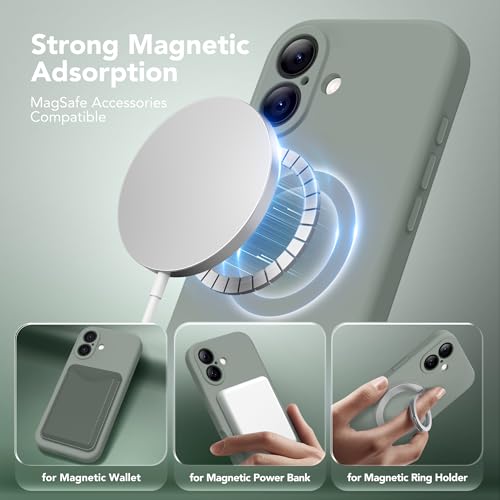 Image of Magnetic for iPhone 16 Case, Compatible with MagSafe, [Screen Protector + Full Camera Protection], Silicone Shockproof Anti-Scratch Protective Phone Case for iPhone 16 6.1 inch, Calke Green