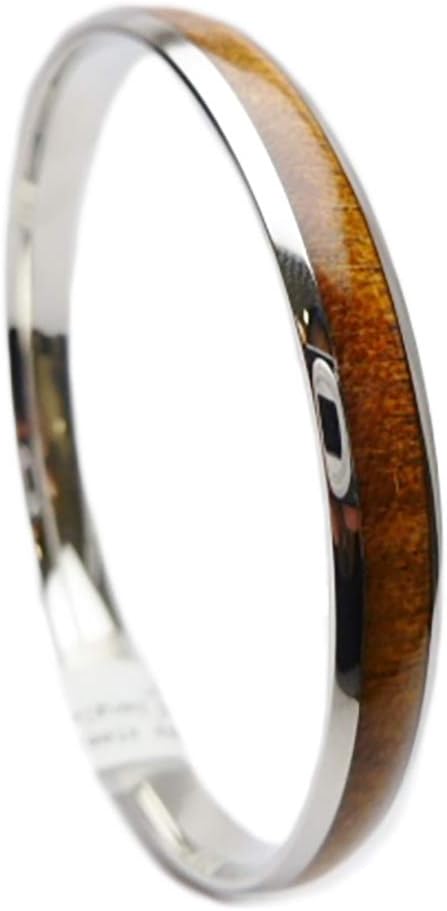 316L Stainless Steel Comfort Fit Natural Hawaii Koa Wood Inlay Hawaiian Curved Top Bangle Bracelet (Width: 6mm, 8mm, 10mm, 12mm) (Size: 7.5", 8", 8.5")