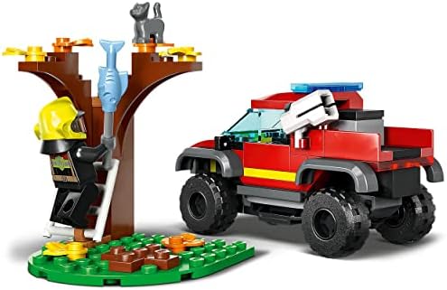 LEGO 60393 City 4x4 Fire Engine Rescue Truck Toy for 5 Plus Year Old Boys & Girls, Set with Water Element Launcher, Firefighter Minifigure and Cat Figure