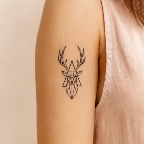 Tatuaggio CERVO - Temporalis® | Tatuaggi temporanei uomo donna, tatuaggi finti vegani e waterproof - Certificato UE - Dura 1-2 settimane [ Tattoo Cervo geometrico ]
