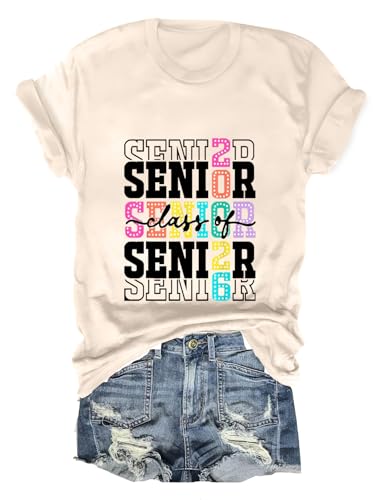 GAQEUWR Retro Senior 2026 Class of 2026 Graduation T Shirts, Casual O-Neck Graphic Tees Short Sleeve Tee Tops Beige