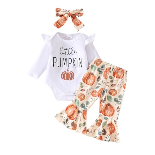 Baby Girls Halloween 3Pcs Outfits Long Sleeve O Neck Letters Romper Pumpkin Bell Bottoms Flare Pants Headband Sets