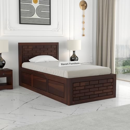 Image of Solid Sheesham Wood Single Size Bed with Box Storage for Bedroom Living Room Single Cot for Home Wooden Palang for Hotel (Walnut, Size 6 * 3)