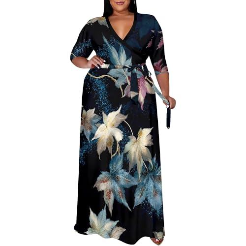 Image of SUZONANA Plus Size Maxi Dresses for Curcy Women Casual Loose 3 /4 Sleeve Long Dress with Belt