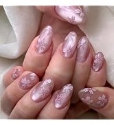 Pink Flowers Press on Nails Medium Almond Fake Nails Jelly False Nails Press ons with Peachy Flor...