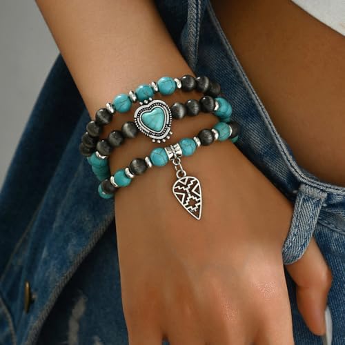 Turquoise Western Cowgirl Bracelets for Women Handmade Stackable Turquoise Beaded Stretch Bracelet Vintage Rodeo Western Jewelry Set Country Cowboy Outfit Accessories2