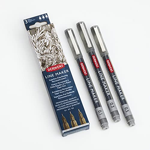 Derwent Graphite Line Maker Pens, Zestaw 3, Fineliner, Różne Rozmiary Końcówek, Szybko Schnący Tusz, Odpowiednie do Szkicowania, Pisania, Ilustracji i Kolorowania, Profesjonalna Jakość, 2305562