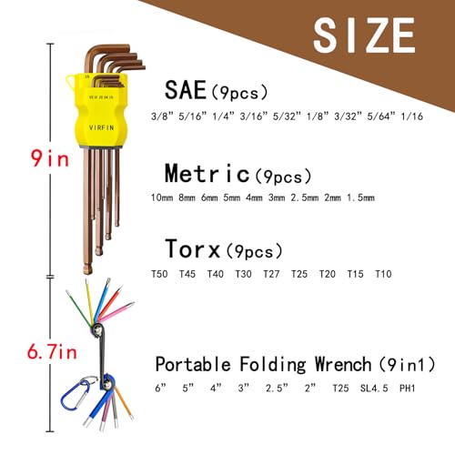 Image of VIRFIN 36pcs Hex Key Set, Extra Long Arm Allen Wrench Set with Ball End, Ultrahard S2 Steel Allen Key Set, SAE(1 /16 inch-3 /8 inch) and Metric(1.5mm-10mm) Hex Key Set, Torx Star(T10-T50)