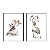 Din A4 Kunstdruck 2er-Set - Ren Rentier Hirsch Waldtier 