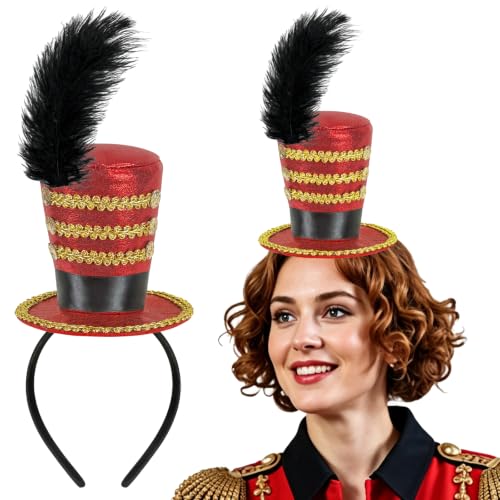 Dkomekii Red Ringmaster Hat Headband Mini Top Hat with Feather