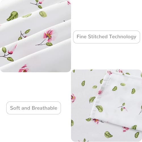 Image of Mooreeke Queen Sheets Set - 4 Pieces Soft Breathable Microfiber Bed Sheet Set - Pink Flower Green Leaf Pattern Sheet Set - Deep Pocket Non-Slip Floral Printed Fitted Sheet Included for All Season