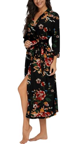 Image of VINTATRE Robes for Women Long Knit Bathrobe XS-4XL | 3 /4 Sleeve Bathrobes with Pockets, Stretchy and Lightweight Fabric, Inner Tie and Fixed Outer Matching Belt, Mid Calf Length