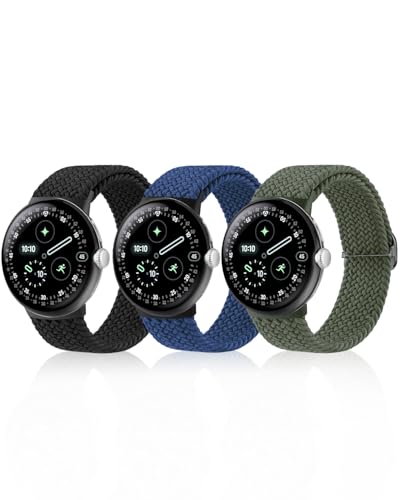 Braided Bands Compatible with Google Pixel Watch 4 45mm Band/Pixel Watch 3 Band 45mm Elastic Nylon Breathable Sport Loop Straps for Pixel 3/4 Watch Band 45mm for Men Women (Black+Green+Nightblue)