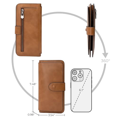 RFID Blocking Leather Wallet for Women, Slim Trifold with 14 Card Slots and Zipper Pocket (Brown)4