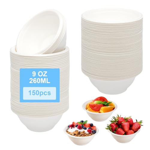 HENGBIRD 150 Cuencos Desechables Papel de caña de azúcar de 260 ml vajilla desechable caña de azúcar Bowl para Fiestas y desayunos cuencos desechables cuencos desechables