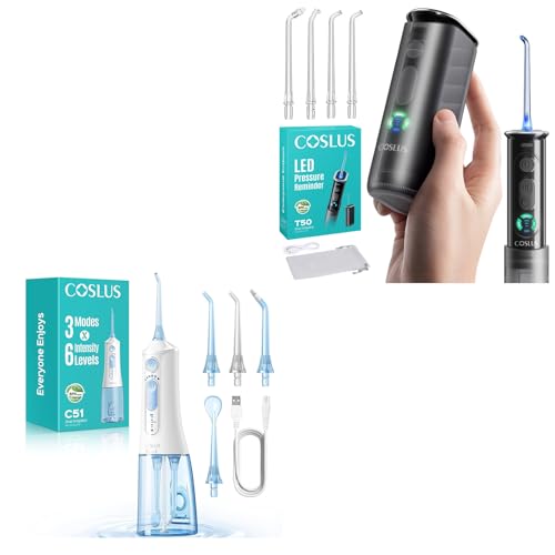 Image of COSLUS C51 Portable Water Flosser for Teeth: 3 Modes & 6 Pressure Settings & T50 Portable Water Flosser for Travel with Screen Display & Pressure Indicator Light On-the-Go Black & White