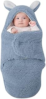 SIMYJOY Baby Swaddle Blankets Tog 2 Sherpa Newborn Receiving Blanket with Cute Rabbit Ears Warm Baby Hooded Sleep Swaddling Wrap for Infants 4-7 Month, Blue