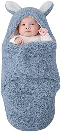 SIMYJOY ENJOY THE SIMPLICITY Baby Swaddle Blankets TOG 2 Sherpa Newborn Wearable Blanket with Cute Rabbit Ears Warm Baby Hooded Sleep Swaddling Wrap Gift for Infants 1-3 Month, Blue