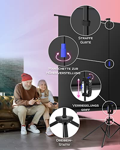 Projektionsbildschirm auf Füßen, 100 Zoll – Bildschirm für Projektor innen und außen für Filme oder Präsentationen – Display auf Stativ HD Premium ohne Falten 16:9 mit Tragetasche und Riemen