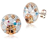 Multicolored Austrian Crystal Rhinestone Stud Earrings for Women Fashion S925 Sterling Silver Hypoallergenic Jewelry (Golden Main Crystal/Rose Gold-tone)