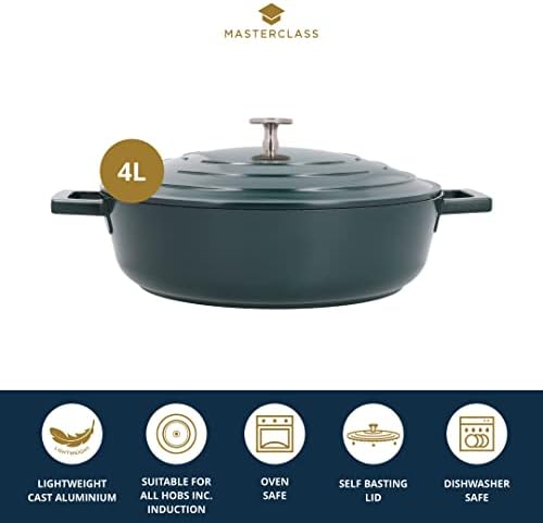 MasterClass Shallow Casserole Dish with Lid, Lightweight Cast Aluminium, Induction Hob and Oven Safe, Hunter Green, 4 Litre/28 cm