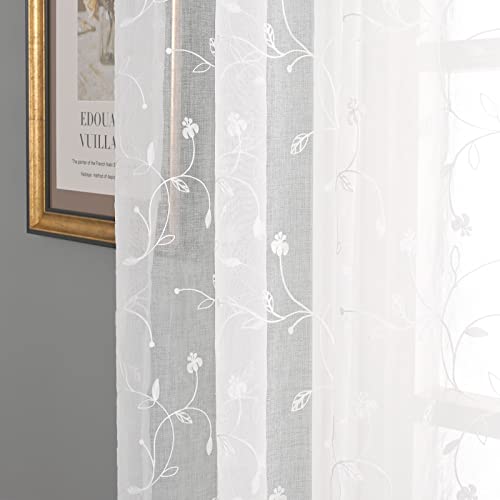 Youngstex Embroidered White Sheer Curtains 84 Inches Long 2 Panels Faux Linen Grommet Light Filtering Semi Sheer Window Drapes For Living Room And Bedroom, 52 X 84 Inch, Flower And Leaf #TOP4