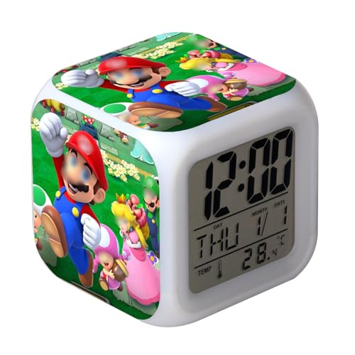 Pianocean Kids Alarm Clock, Digital Clock Bedside LED with Charging Cable, Sleep Trainer Small Cube Clock with 7 Change Color Lights Temperature Calendar Music for Kids Gift Bedroom Bedside(Green)