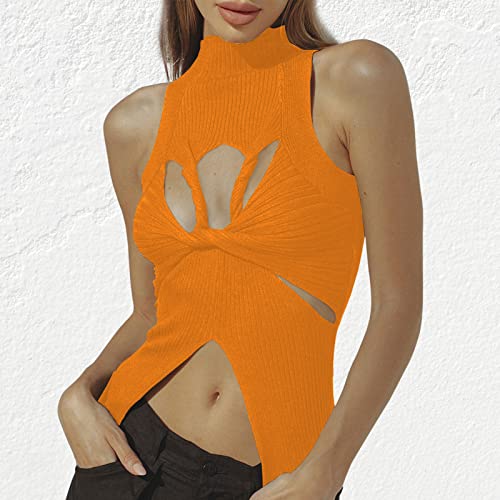 Image of Women Strapless Crop Top Sexy Hollow Out Twist Front Knitted Tank Tops Sleeveless Y2K High Neck Cut Out Sweater Vest