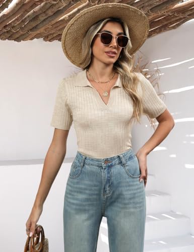 CiCiBird Womens Short Sleeve Polo Sweater Casual V Neck Knit Blouses Ribbed Slim Fit Pullover Tops3