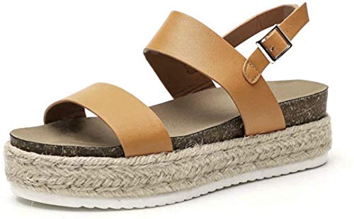 Sandalias Mujer Cuña Piel Plataformas Alpargatas Punta Abierta 5 CM Tacon Verano Tobillo Hebilla Zapato de Playa Moda Fiesta Beige 40