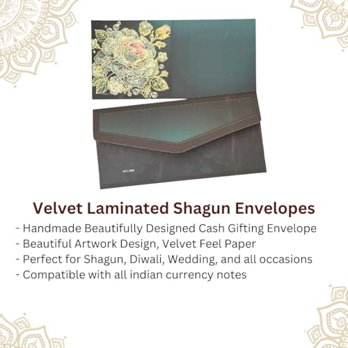 Image of Pack of 20, Midnight Bloom Design Fancy Shagun Envelopes for Gifting Money Rectangle Shape Velvet Finish Paper Designer Sagan Lifafa Wedding Cash, 19 X 9 cm, Royal Green Color