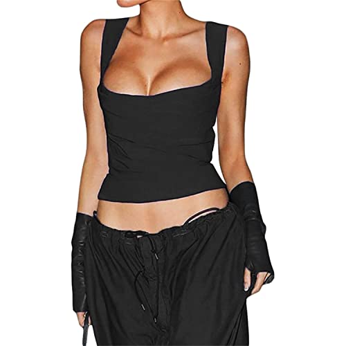 WERTYT Femmes Sexy Spaghetti Strap Crop Cami Top Y2K Sans Manches Col Carré Camisole Rétro Streetwear (Noir,S) Cover