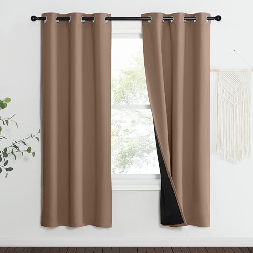Image of NICETOWN 100% Blackout Curtains Thermal, Noise Reduction and Privacy Curtains for Patio Door, Black Lined Blackout Drapes with Grommet Top, Cappuccino, 1 Pair, W37 x L70