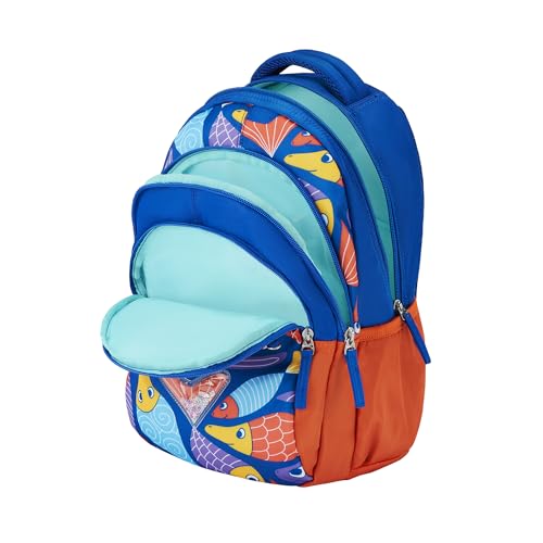 Image of Genie Finley Kids Backpacks, 15 inch Cute, Colourful Bags for Girls, Water Resistant and Lightweight, 3 Compartment with Happy Pouch, 20 Liters, Nylon Twill, Blue