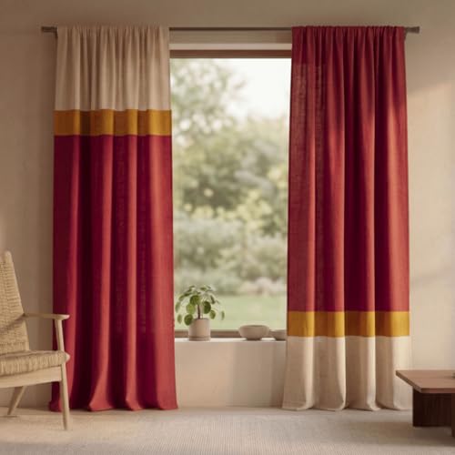 Image of Peepul Tree Cotton 7ft Door Curtain in Maroon & Off White | Woven Colour Block Design | 70% Semi Blackout | Top to Bottom Reversible Curtain, Set of 2