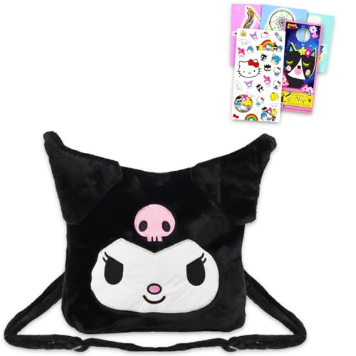 Conjunto de bolsa de pelúcia Kuromi - Pacote com adesivos Kuromi Plushie Plus, tatuagens e mais | Hello Kitty and Friends Kuromi bolsa para meninas, Multicor, Kuromi Plush Purse, Bolsa de pelúcia