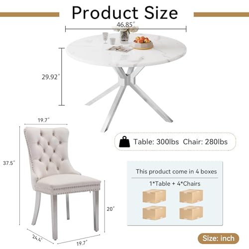 Image of 5-Piece Round Dining Table Set for 4, Modern Faux Marble Kitchen Table and Beige Velvet Chairs Set of 4, Luxury 45 inch Circle White Silver Dining Room Tables with Stainless Steel Cross Legs