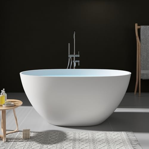 SJ STAR&JANE 51" Solid Surface Freestanding Bathtub, Stone Resin Oval Soaking Tub, Matte White，with Pop-up Drain & Overflow